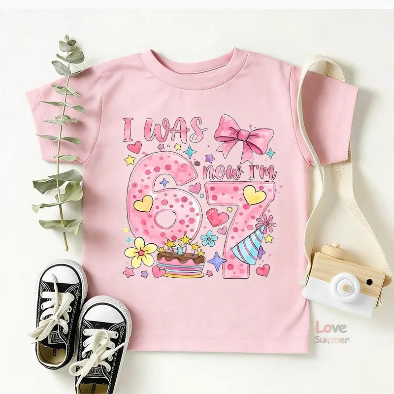 Bow I Was 6 Now I’m 7 Birthday T Shirts 67number Birthday Girl T-Shirt Kids Birthday Party Girl Tees Italian Brainrot Funny Gift