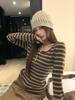 Women's Coffee Round-Neck Striped Long-Sleeve Slim-Fit T-Shirt, Korean Style, Autumn/Winter Versatile Base Layer.