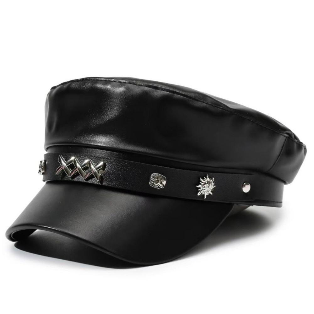 Black Beret Hat PU Leather Sailor Visor Hat Retro Newsboy Cap