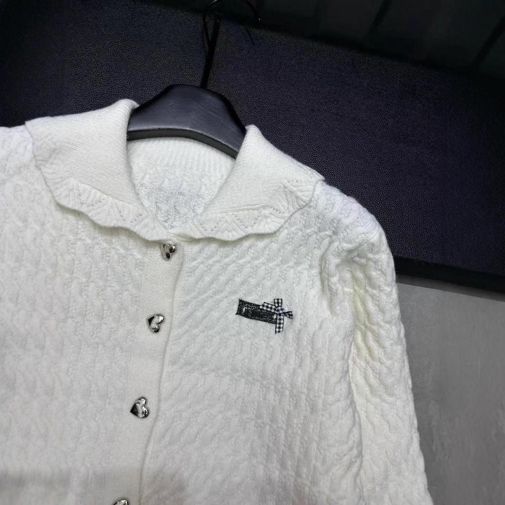 Autumn/Winter 2025 Miu Style Lurex Doll Collar Cardigan - Single-Breasted, Long Sleeve, Loose Fit, Versatile Knit Top