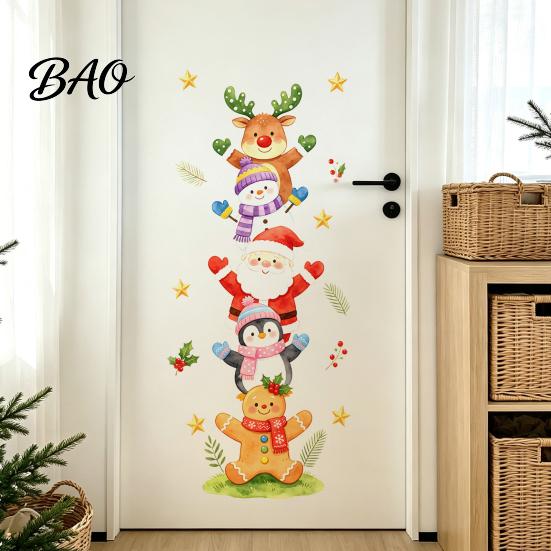Cute Cartoon Wall Stickers Watercolor Christmas Stack?Up Characters Stickers, Removable Self?Adhesive Door Decorative Holiday Murals Sticker,