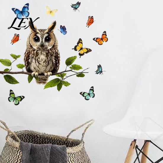 Decorative Party Window Sticker Owl Butterfly Wall Sticker, Forest Animal Illustration Decals, Nature Inspired Balcony Glass Decor Waterproof