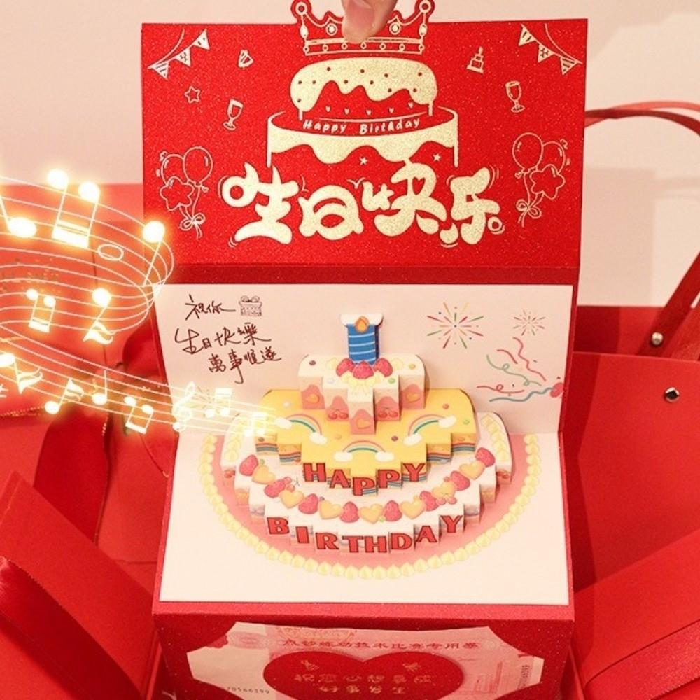 Folding 3D Birthday Red Envelope 6/8/10/18 Cards Cake Greeting Card Money Bag  Family Gathering