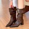 Turned Over Edge Pointed Toe Modern Boots Mid-calf Square Heel Ladies Shoes on Sale 2024 High Quality Slip-on Mid Heel Boots