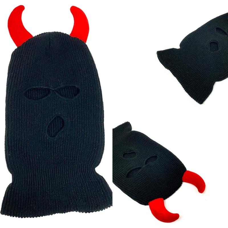 Cool Devil Horn Face Cover Hat Knitted Balaclava Caps for Women Men Winter Warm Hat Adult Halloween Costume Roleplay Caps