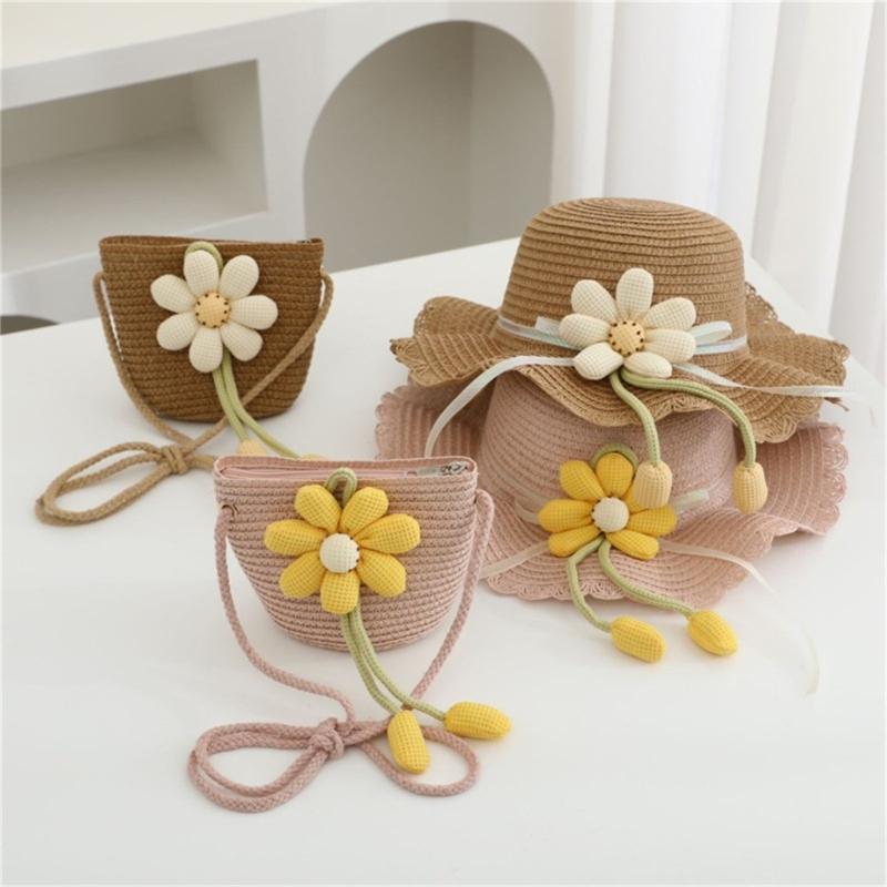 2Pieces Kids Summer Sun Hat And Bag Set Breathable Straw Braided Design For Beach Outdoor Activities