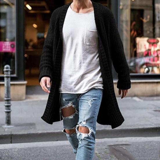 Men Sweater Cardigan Solid Color Long Sleeve Cold Proof Knitwear Autumn Winter Loose Mid Length Sweater Coat Streetwear