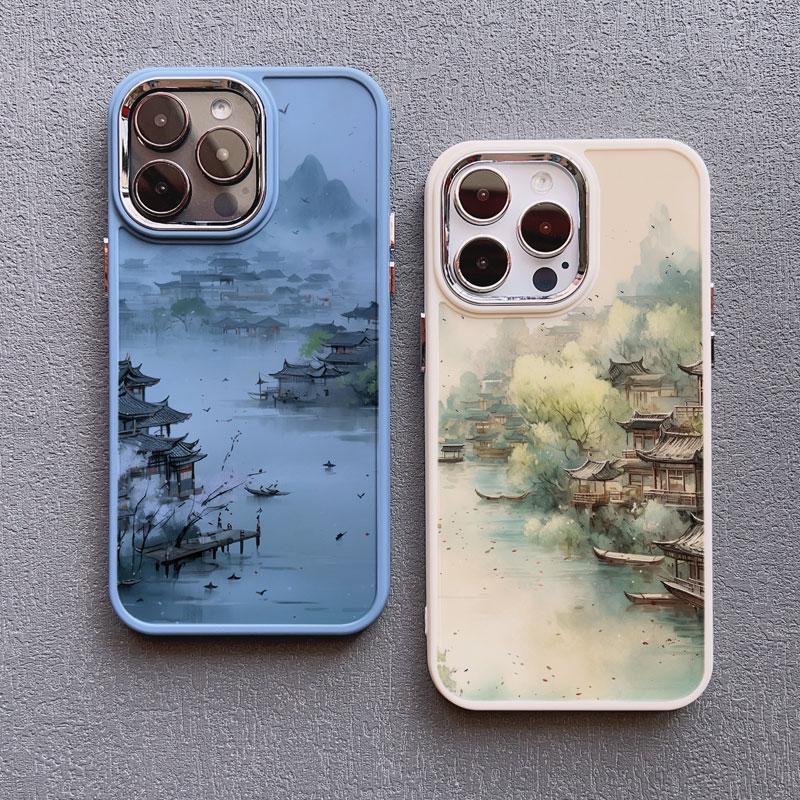 Mountains and Streams Pavilion Ink Brush Painting Phone Case for iPhone 12 13 14 11 Pro Max X XR XS 14 7 8 Plus SE Silicon Cover