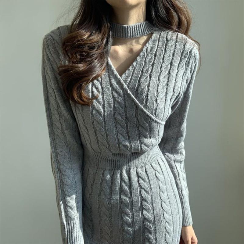 Damen-Strickkleid, lang, V-Ausschnitt, sexy, geteiltes Pulloverkleid, schmale Passform, Herbst-Winter, gestrickt, Hüftkleid, sowohl vorne als auch hinten tragen