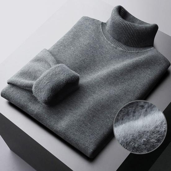 Fall Winter Men Sweater Half-High Collar Knit Thick Plush Lining Elastic Long Sleeves Warm Solid Color Bottoming Knitwear Loose Daily Wear Sweaterts