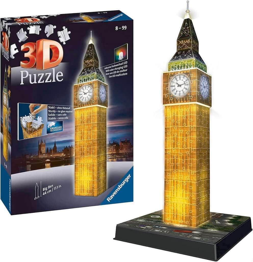 Ravensburger 3D Puzzle Big Ben Night Edition 216 Pieces Finished Height 44cm 12588 3 Recommended 3D Gift Size Age 10+ [Puzzle, Puzzle,