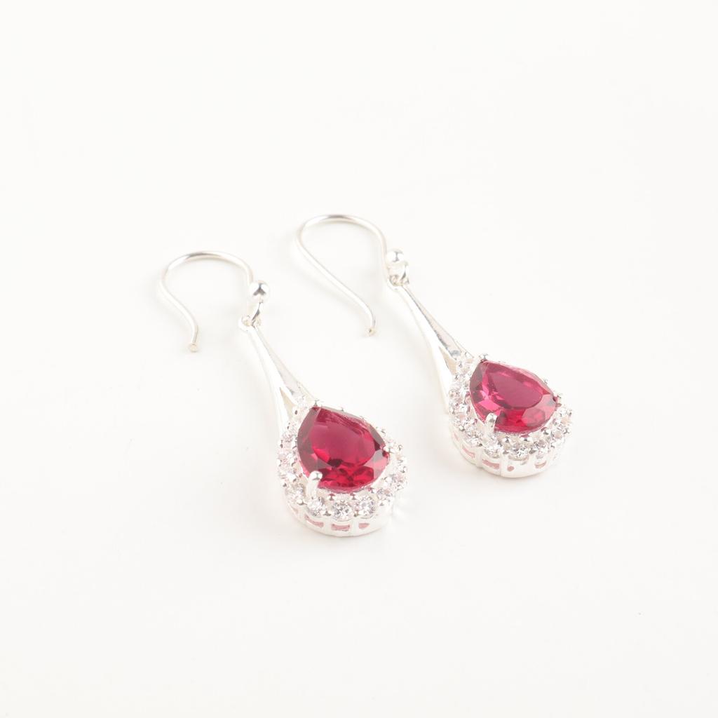 Naturlig Rosa Rubellit Ädelsten Stämplad 925 Silver Zirkon Hängande Örhängen 1,86" CZE-7-7
