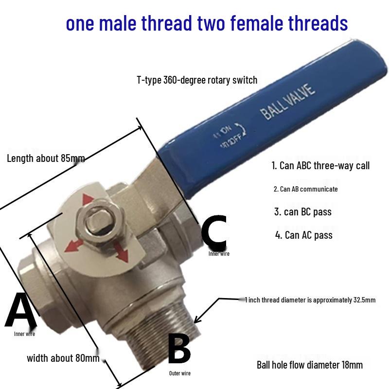 

Триходовий кульовий кран з нержавіючої сталі з перемикачем, зовнішня різьба 1/2 3/4 1 , один вхід, два виходи