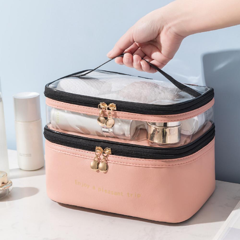 Double-layer Cosmetic Bag Solid Color PU Transparent Wash Handbag INS Fashion Waterproof Travel Portable Large Capacity Storage Bag
