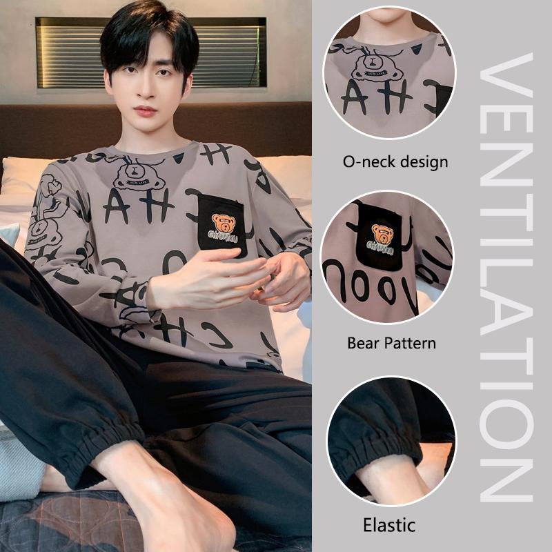 Plus Size Men Pajamas Autumn Winter Long-Sleeved Loose Leisure Cartoon Bear Striped 2PCS/Set Black O-Neck Soft Casual Loungewear