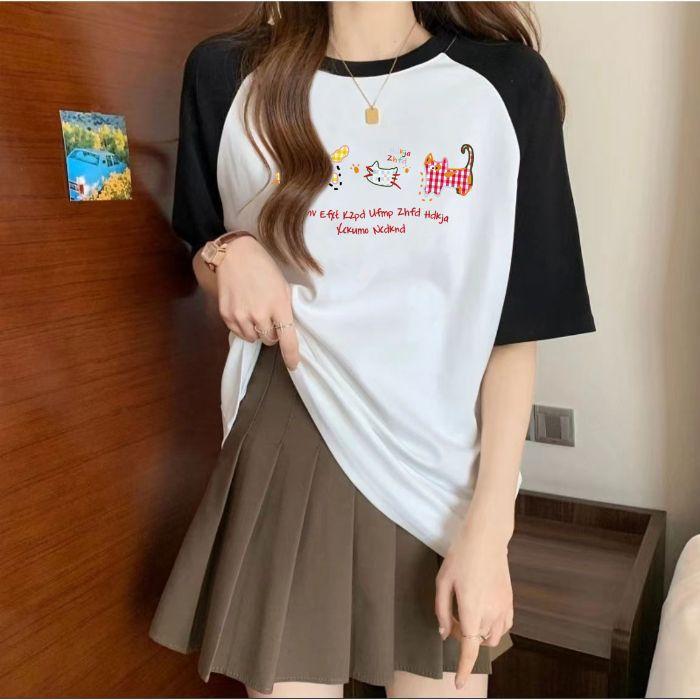 College Style Outfit with Large Size Rag-shoulder Color Block Short-sleeved Cotton T-shirt for Girls In Spring and Summer New Loose Round Neck Top