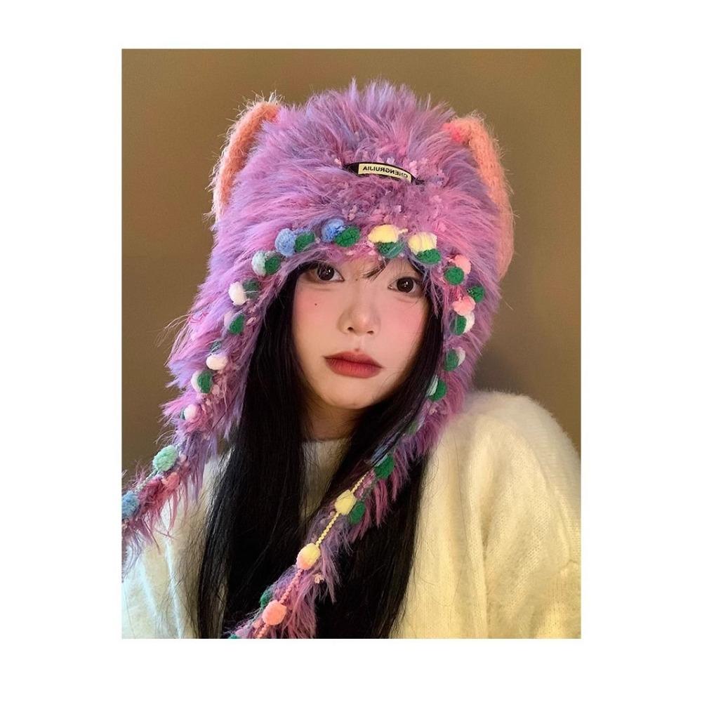 Funny Little Monster Hat Winter Cute Dopamine Plush Knitted Hat Thickened Warm Ear Protector Plush Hat