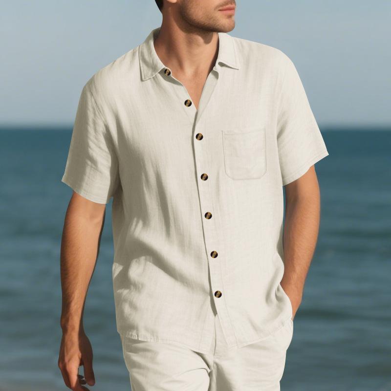 Summer Men's Lapel Shirt Woven Solid Color Simple Loose Casual Short-sleeved Shirt