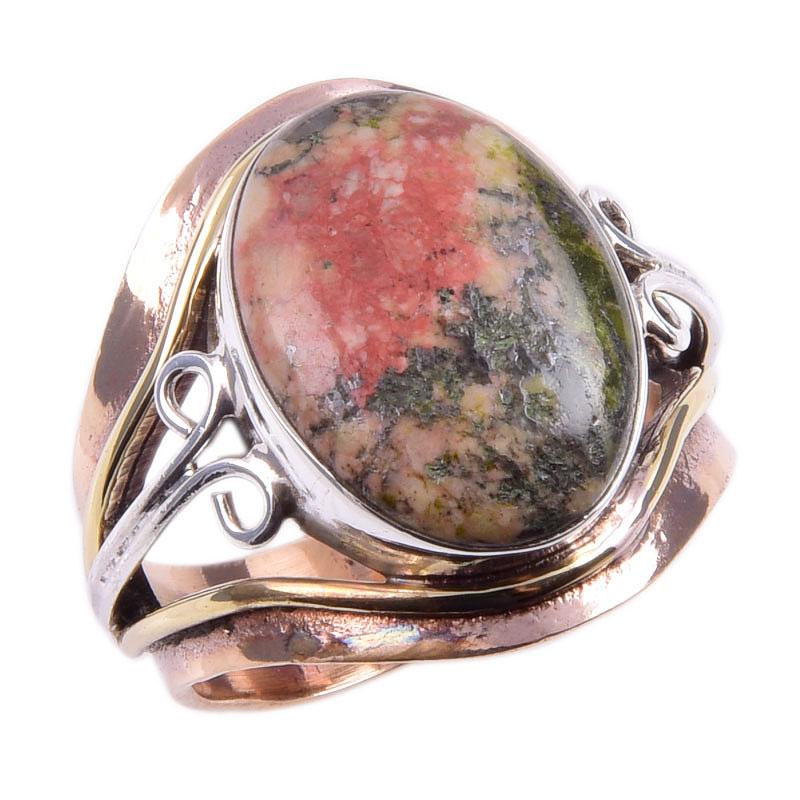 Natural Unakite Gemstone Handmade 925 Sterling Silver Two Tone Ring Size 7 C9z81