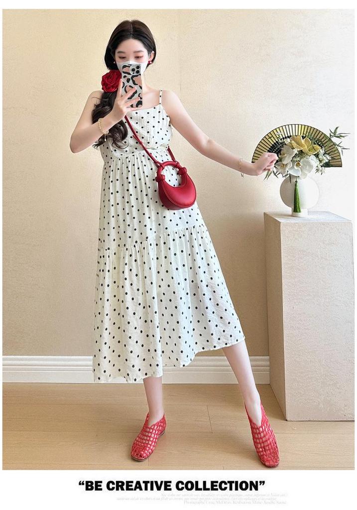 Korean Style Maternity Two-Piece Set: Lace Patchwork Denim Vest with Polka Dot Camisole Dress