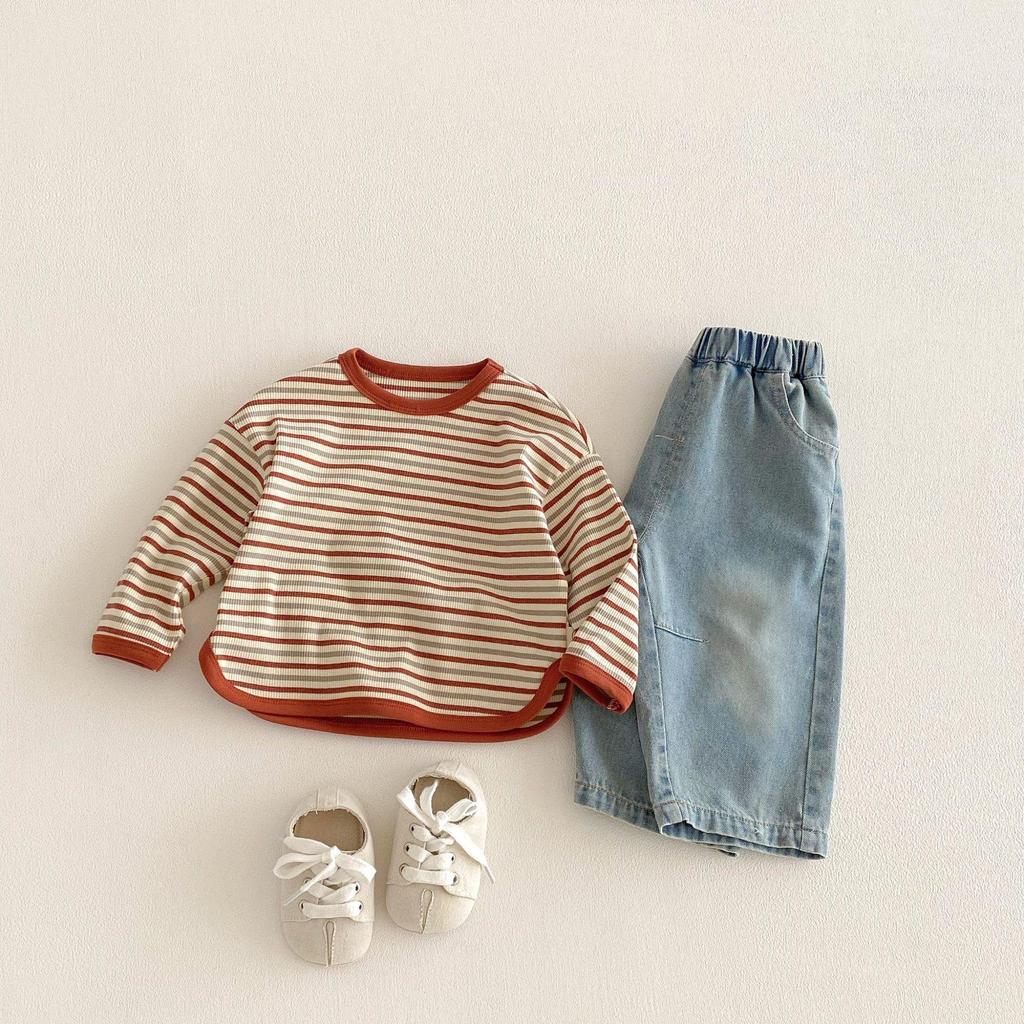 Korean Style Striped T-shirt for Girls - Trendy Spring Layered Color Block Design
