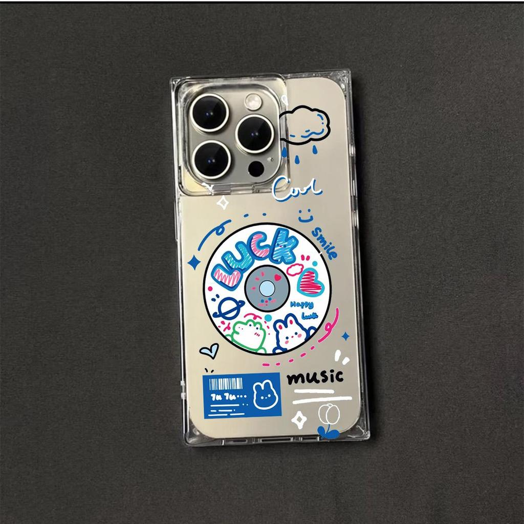 Quadratischer Rückenschutzhülle Transparent für iPhone 12 11 13 15 Plus 16 ProMax 14 Pro Max Anti-Sauerstoff, Englisches Schallplattenmuster Gehäuse