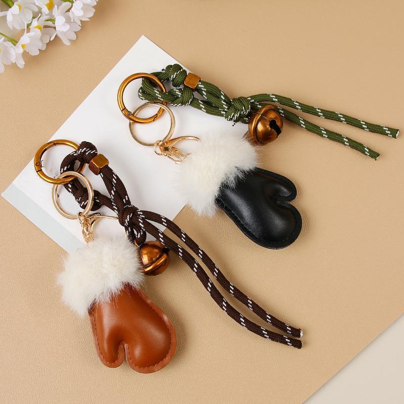 1Pcs Simple Birthday Christmas Pendant Cute Versatile Leather Glove Keychain Creative Metal Bell Braided Rope Bag Charm Decor