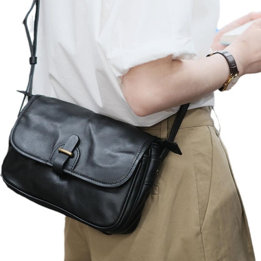 Textured Commuter Small Square Bag, Genuine Leather Retro Messenger Bag, Women's Cowhide Single Shoulder Japanese Mailman Women's Bag