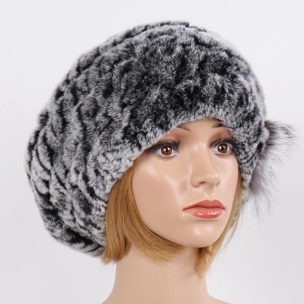 New Real Rex Rabbit Fur Hat Women Knitted Natural Real Rex Rabbit Fur Beret Caps Ladies Winter Warm Real fur Hats