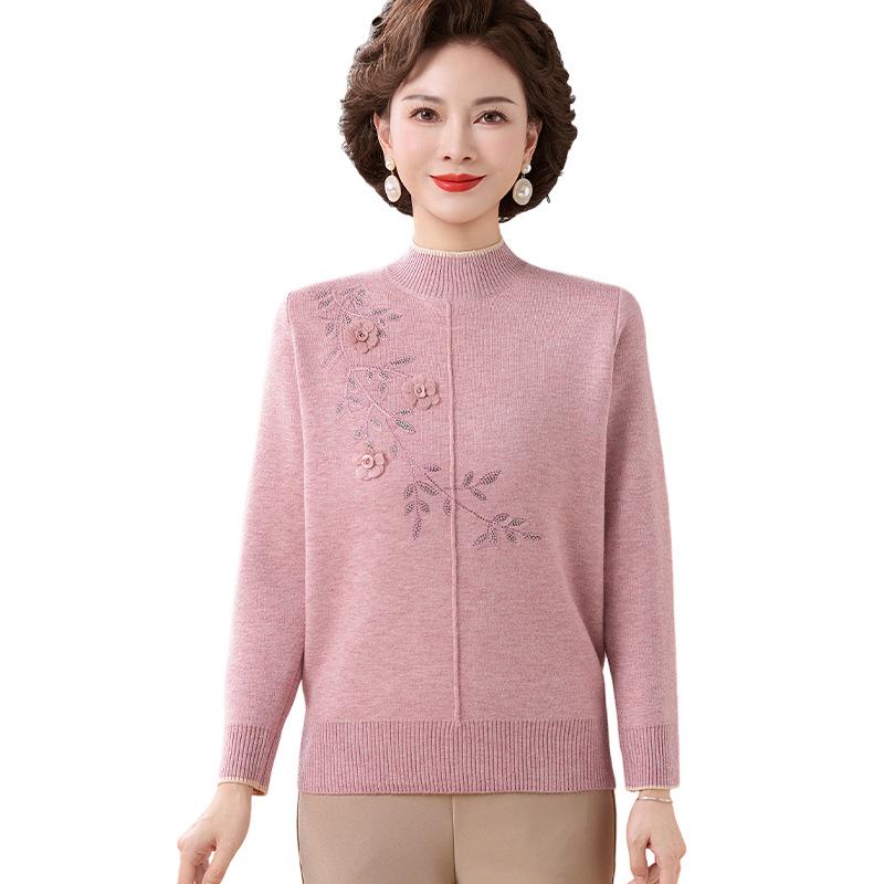 Winter Velvet Sweater: Versatile Long Sleeve Knitwear for Middle-Aged & Elderly Women