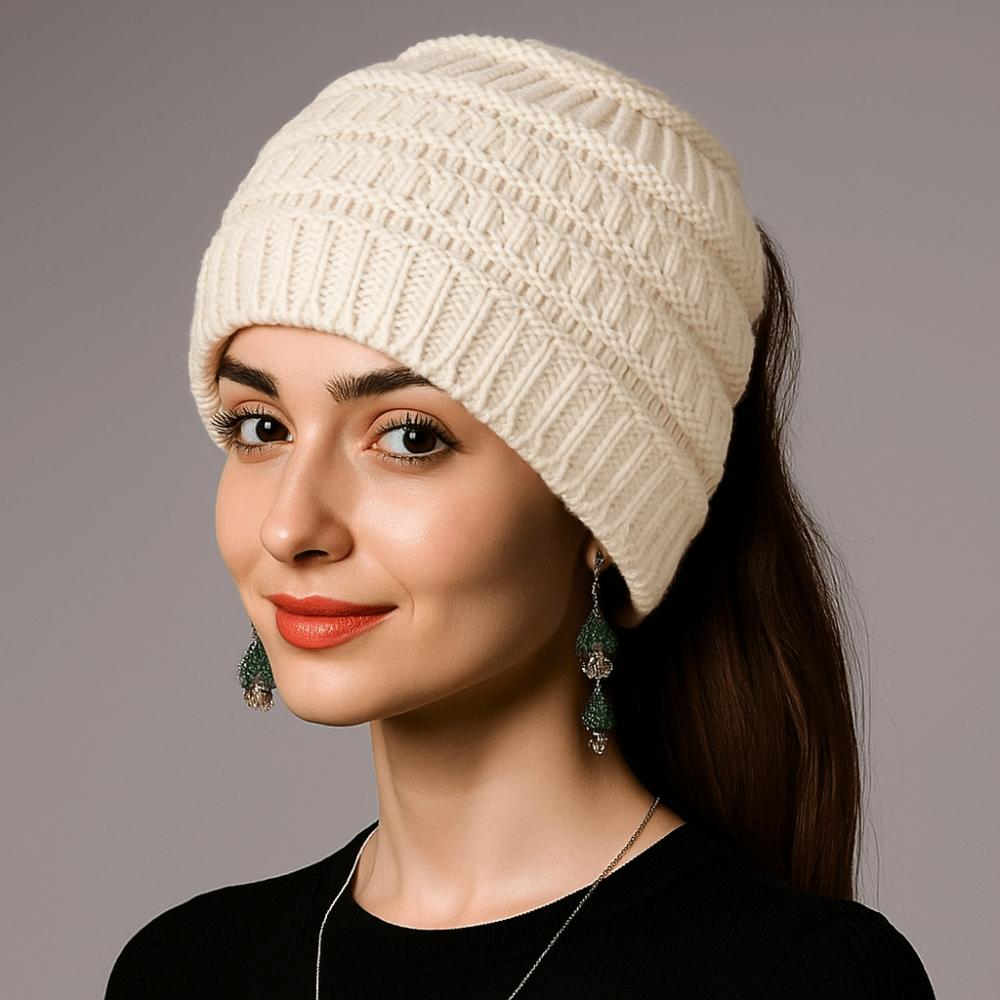 Warm Solid Color Ponytail Beanie Hat Thicken Ear Protection Women's Hat Headwear Knitting Headband Winter
