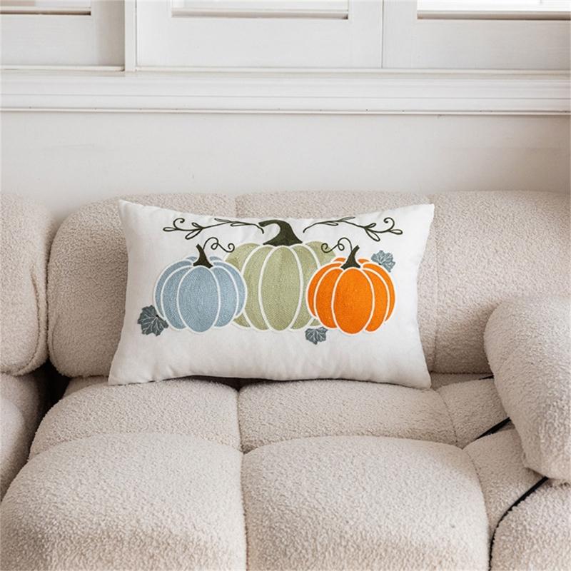 Cushion Cover Colorful Pumpkin Embroidery Cushion Case Throw Pillow Cover for Sofa and Bedroom Comfort, Poly Cotton