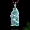 A Grade Natural Blue Jade Nine-Tailed Fox Pendant with Jade Flower, Women's Style