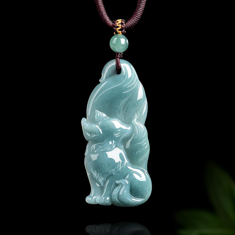 A Grade Natural Blue Jade Nine-Tailed Fox Pendant with Jade Flower, Women's Style