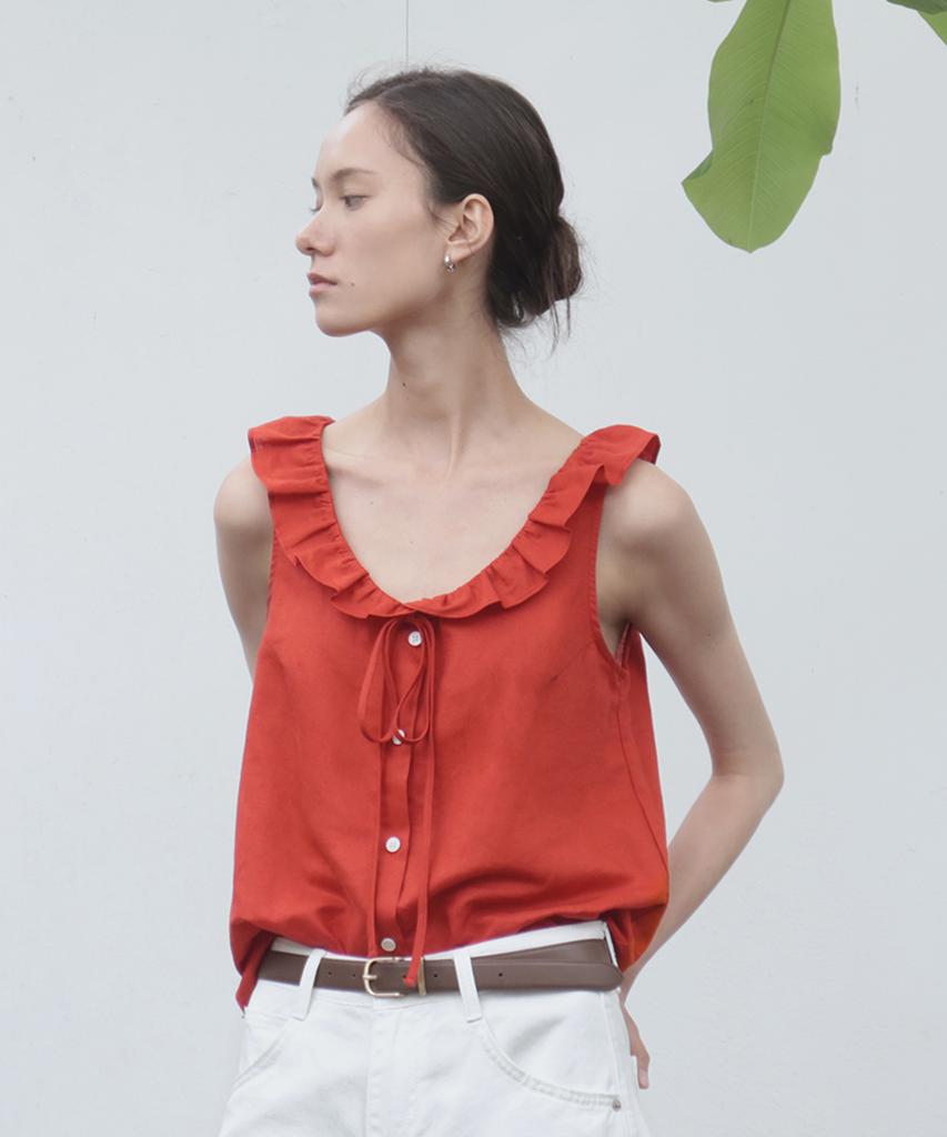 Kwinseulaebis Natural Linen Ruffled Ribbon Vest_Red_2Colors