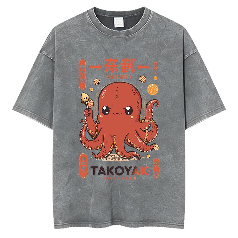 Vintage Washed Osaka Dotonbori Drunken Octopus Takoyaki Funny T Shirts Men Women Retro Japanese Style Oversized Cotton TShirts