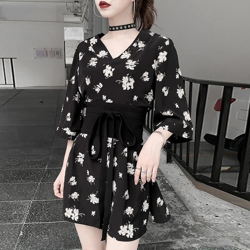 New Spring and Summer Women's Clothing Floral Dress Femininity Waist Thin Hepburn Style Small Black Dress