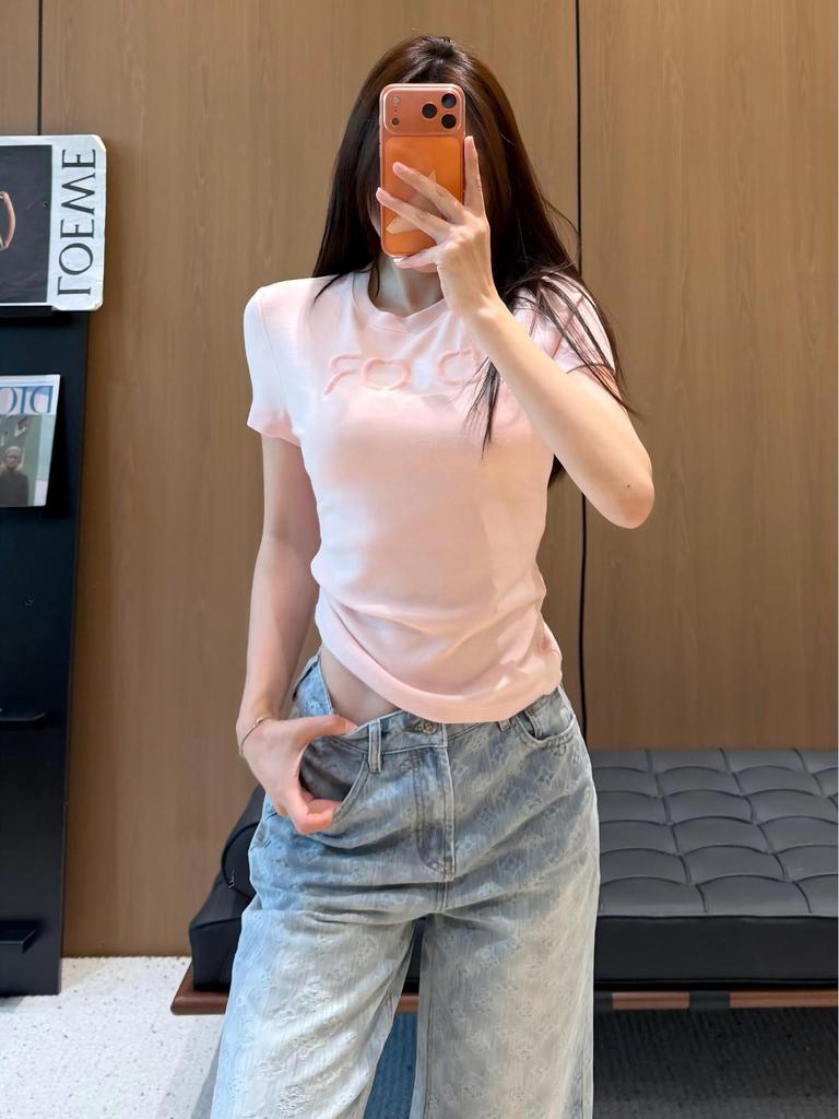 Elegant Embroidered Women's Slim Waist Short-Sleeve T-Shirt