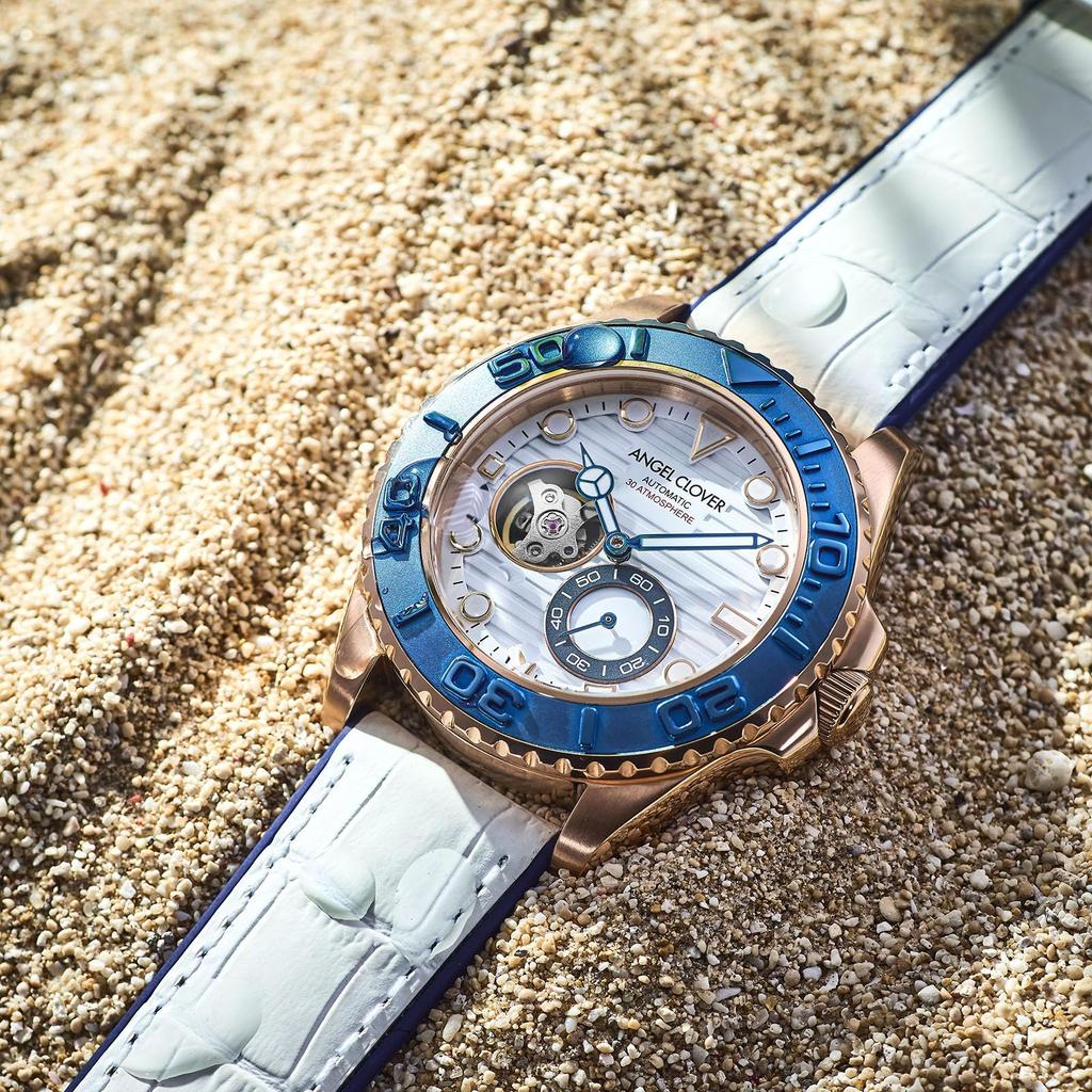 Angel Clover Sea Cruise Automatic Open Heart Diver Men's Watch SCA44PWH-WH White Dial Stainless Steel Leather Band 44mm 30ATM Mineral Glass