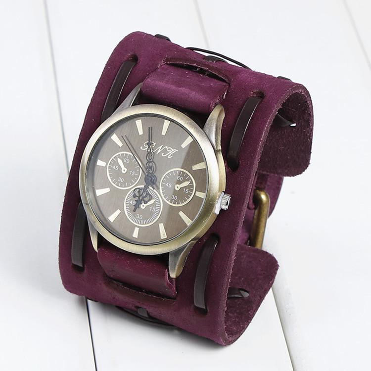 Men's Retro Quartz Watch with Wide Genuine Leather Band