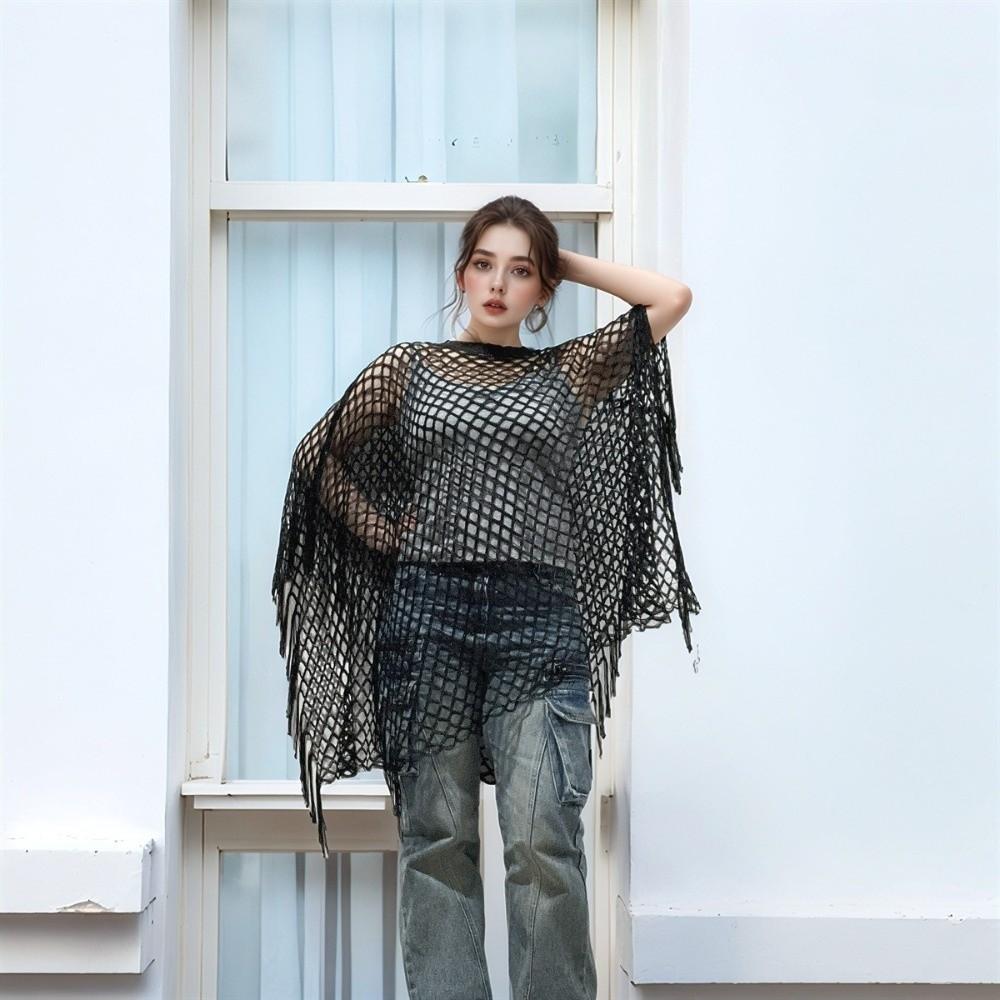 Tassel Sunscreen Cover-up Loose Fit Fishnet Swimsuit Cover Up Knit Hollow Out Top Women