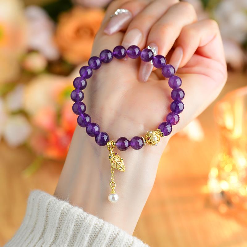 

Natural Amethyst & Pearl Leaf Bracelet: Romantic Beaded Jewelry Gift