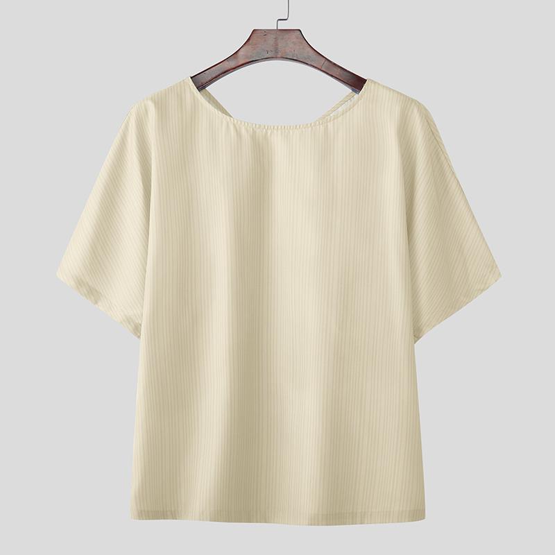 

INCERUN Summer Men Short Sleeve Striped Back Bow Knot Ruffled Party T-shirts M