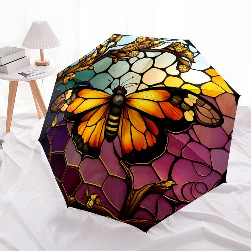 1pc Butterfly StainedGlass Automatic Open/Close Umbrella with Folding feature Compact Travel Umbrella, Lightweight design, for Commuting, Business109