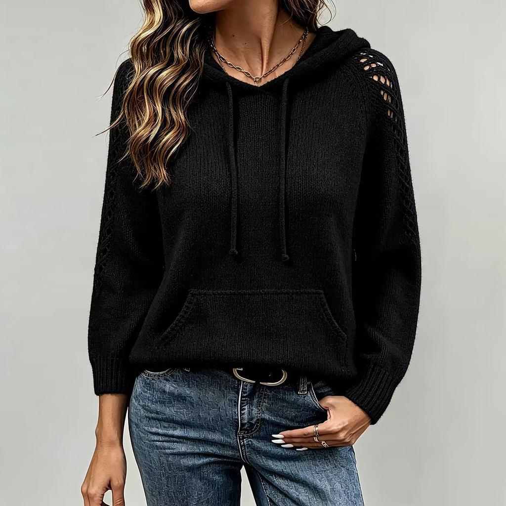 Women's Hooded Pullover Sweater Long Sleeve Loose Fit Color Knit Top