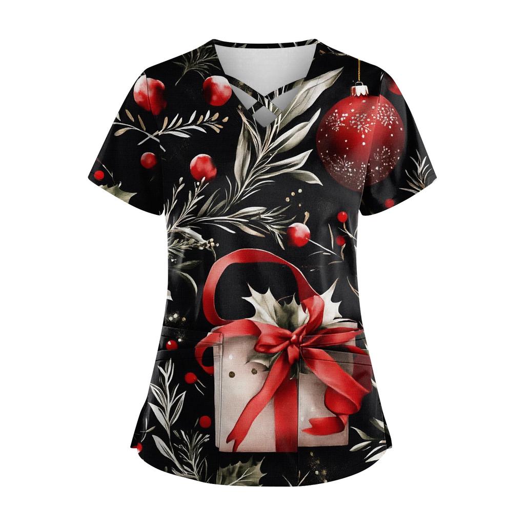 Kvinners Juletrykk Uniform Arbeidsuniform V-hals Pocket Protective Work Uniform