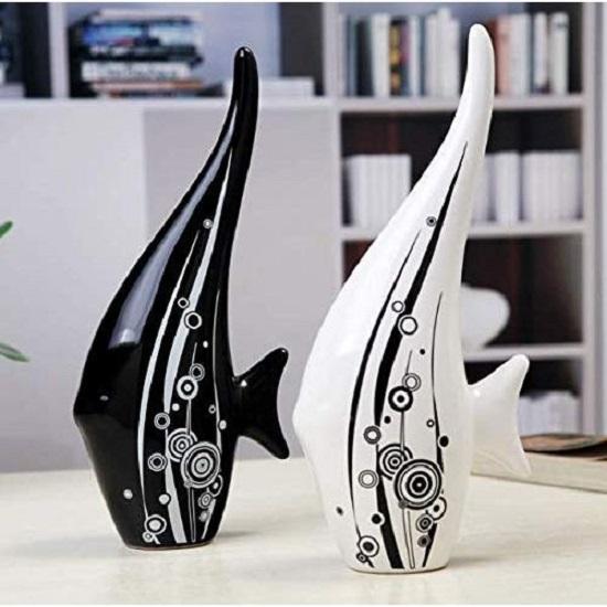Modern Minimalist Black and White Bubble Fish Art Figure | Beautiful Home Decor- (Set of 2 Pc), Ceramic