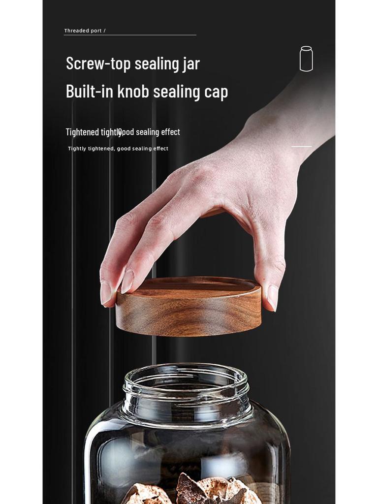 Large Glass Storage Jar with Acacia Wood Lid for Dried Tangerine Peel, Tea, Grains, and Pickling.