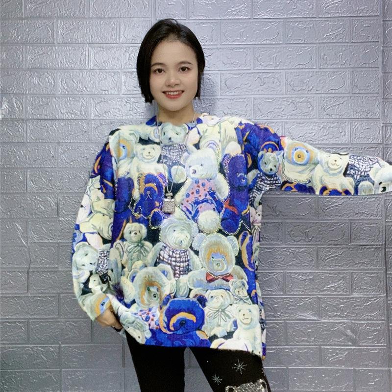 European Plus Size Rhinestone Bear Knit Cardigan with Faux Mink Fur - Stylish Winter 2023 Women's Fashion