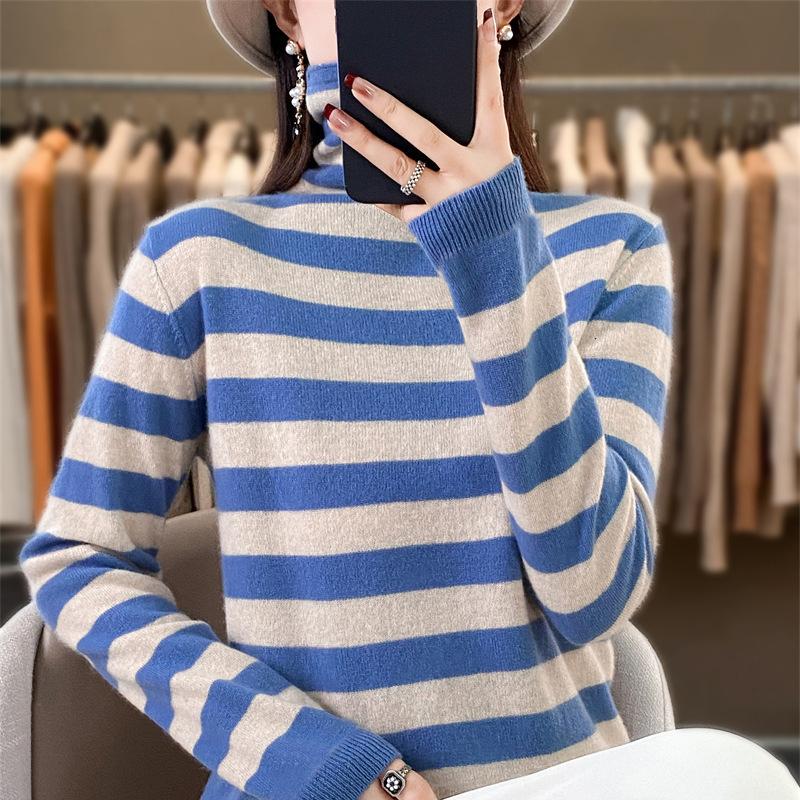 DAFIFY Pulovere de damă la modă, casual, de toamnă-iarnă, cu imprimeu cu dungi, cu mânecă lungă și gât înalt
